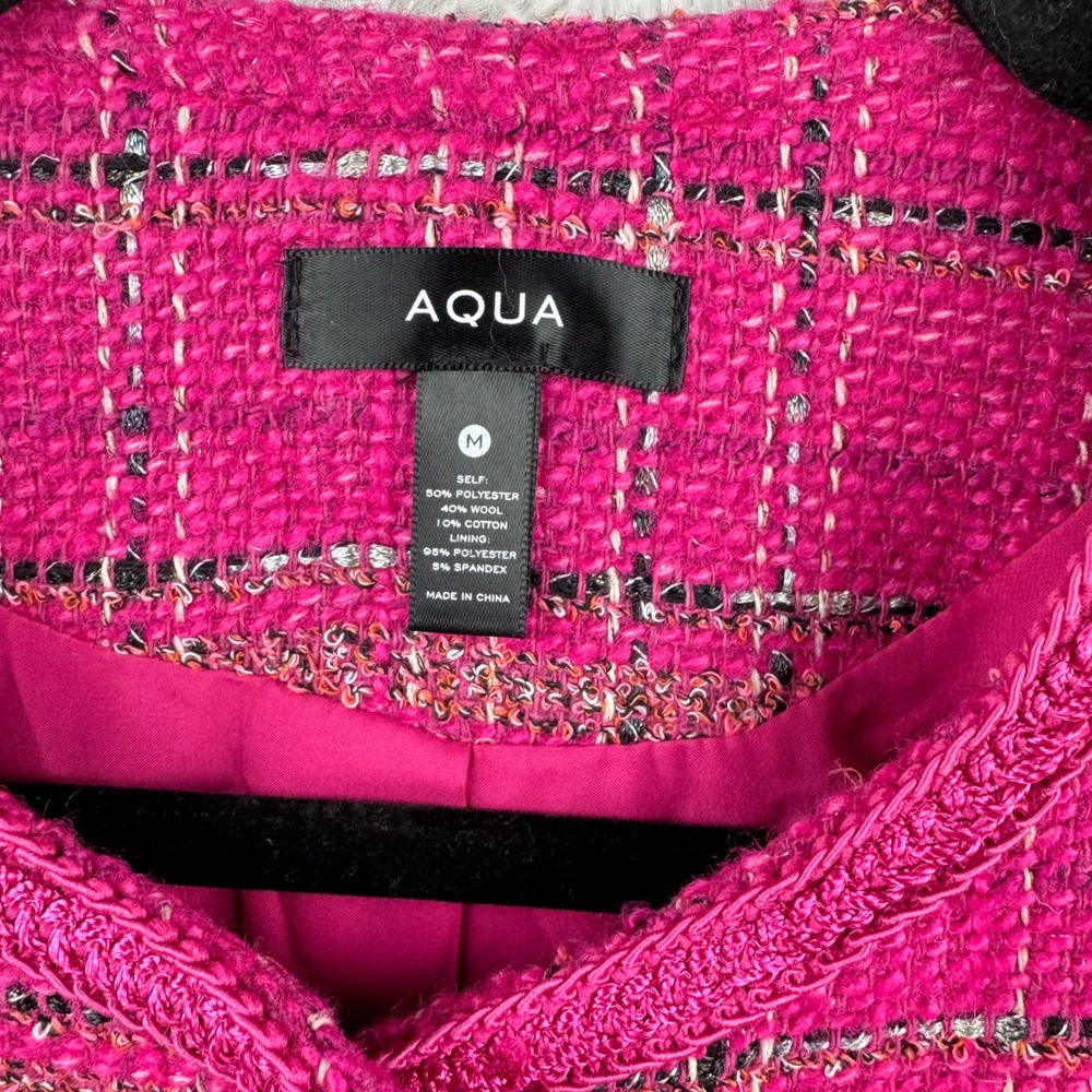 AQUA Tweed Plaid Jacket Women Medium Pink Gold Button Cropped Wool Blend Preppy - Picture 9 of 13